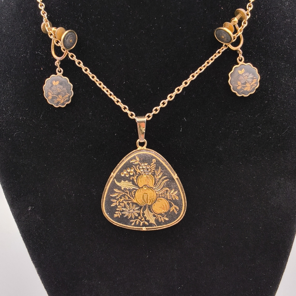 Vintage Spanish Damascene Jewelry Set: Toledo Gold & Black Floral Motif